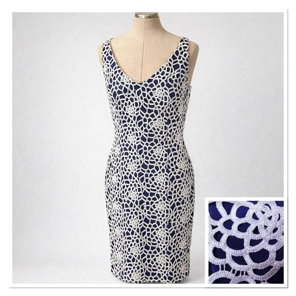 LRL Ralph Lauren Navy & White Crochet Lace Sheath Dress Size 10 Sleeveless